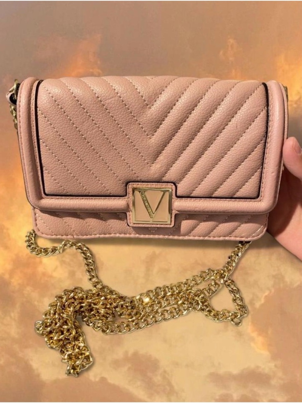 Victoria's Secret Blush Pink Quilted Crossbody with Gold Chain